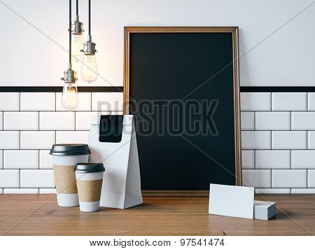 Black poster on table with blank white elements. 3d rendering