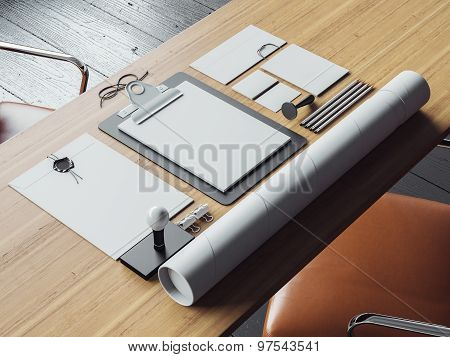 Set of business white elements on the table. 3d render