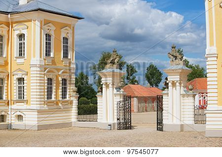 Exterior of the entrance gate to Rundale palace in Pilsrundale, Latvia.