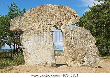 Exterior of the stone monument to people who lost their lifes at sea in Kolka, Latvia.
