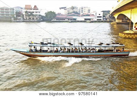 Transportation On The River In Bangkok In Sunrise In A Ferry