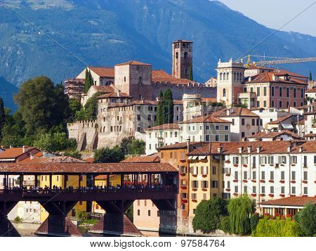 The Old Wooden Bridge Spans The River Brenta At The Romantic Village Basano Del Grappa