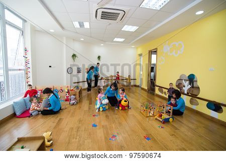 Children study and play in a modern kidergarten school in Hanoi, Vietnam