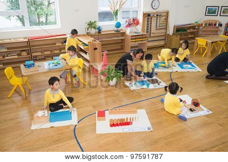 Children study and play in a modern kidergarten school in Hanoi, Vietnam