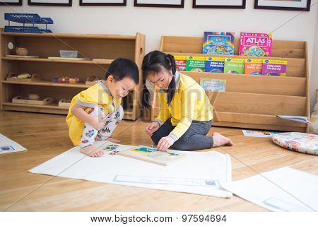 Children study and play in a kidergarten school in Hanoi, Vietnam