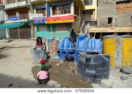Ladakhi Children Playing On The Mainstreet In Leh