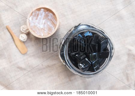 Grass jelly (Mesona chinensis) vegetable jelly eaten with ice and sugar