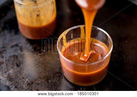 This sweet and delicious caramel sauce can be used as topping to add flavor to cakes ice cream and many other desserts.