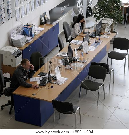 Kaluga, Russia - April, 20, 2017: menegers in a show-room of car dealership of 