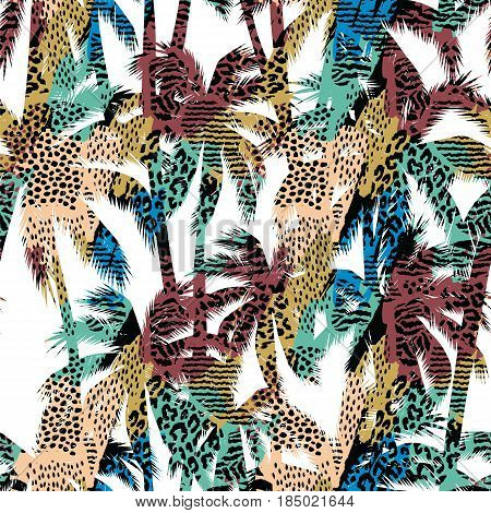 Trendy seamless exotic pattern with palm, animal prins and hand drawn textures. Vector illustration. Modern abstract design for paper, wallpaper, cover, fabric, Interior decor and other users.