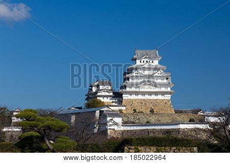 Himeji castle Kansai Japan historic landmark background against blue sky background