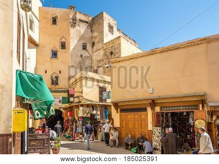 FEZ ,MOROCCO - APRIL 6,2017 - In the streets of old medina qaurters in Fez city. Fez city has been called the 