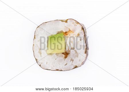 Traditional Fresh Japanese Sushi Rolls On A White Background. Roll With Avocado And Fish