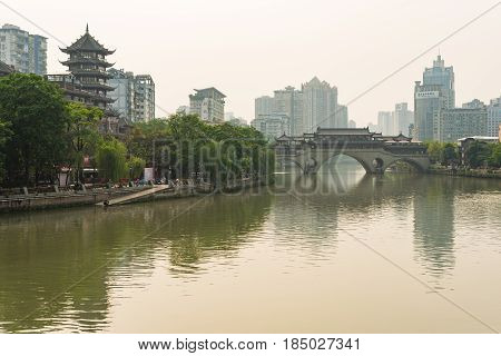 Chengdu Anshun Bridge And Jinjiang River In Daylight - China