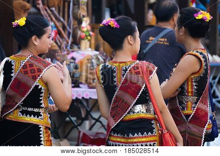 Penampang,Sabah-May 30,2016:Kadazandusun girls of Sabah in traditional & colorful costume during Kaamatan festival.Harvest festival,its a major yearly event for the Kadazandusun in Sabah,Borneo.