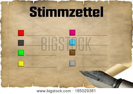 Ballot or even ballot papers with different colored boxes. Inscription in German 