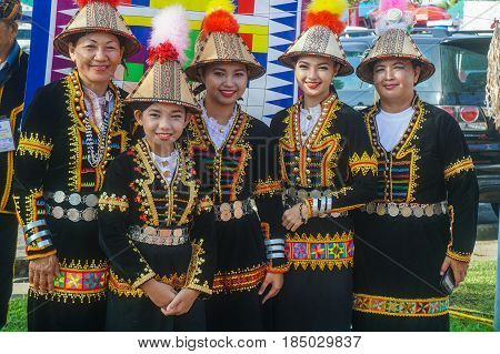 Penampang,Sabah-May 30,2016:Kadazandusun girls of Sabah in traditional costume during Kaamatan festival.Also known as Harvest festival,its a major yearly event for the Kadazandusun in Sabah,Borneo.