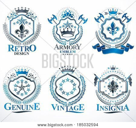 Set of vector retro vintage insignias created with design elements like medieval castles armory wild animals imperial crowns. Collection of coat of arms.