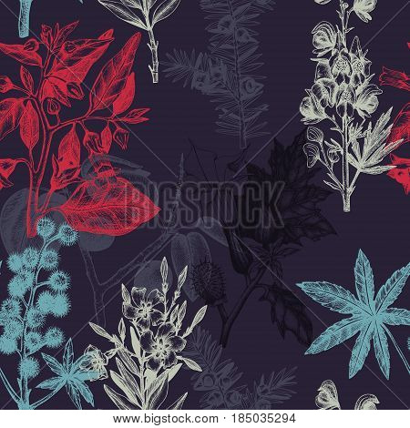 Vector seamless pattern with colorful hand drawn poisonous plants.