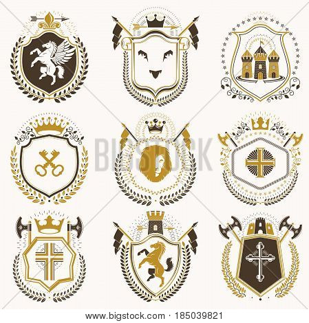 Collection of vector heraldic decorative coat of arms isolated on white and created using vintage design elements monarch crowns pentagonal stars armory wild animals.