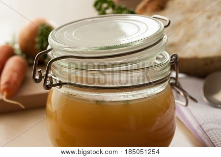 Bone Broth Made From Chicken In A Glass Jar