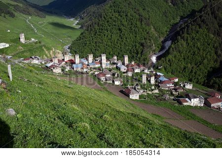 Adishi village view in Caucasus mountains in Georgia