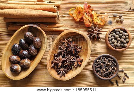 Aromatic spices in brown. Cooking ingradients and natural food additives.