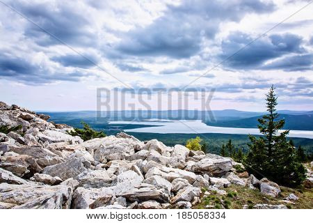 Mountain Top View Valley Lake Zuratkul Chelyabinsk Russia.