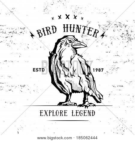 Vintage hand drawing raven or crow label. Vector element, badge, emblem, logo, insignia, sign, identity, logotype, poster. Stroke hipster illustration with typographic for t-shirt prints. Bird hunting