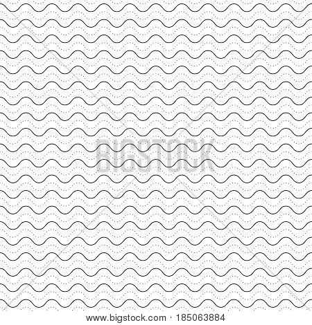 Vector monochrome texture, subtle geometric seamless pattern, horizontal thin wavy lines, dots, bends. Abstract minimalist black & white background. Stylish design for prints, decor, textile, digital