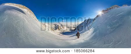 360 Cylindrical Panorama Of Mountain Hiker To Climb A Mountain Of Snow Couloir