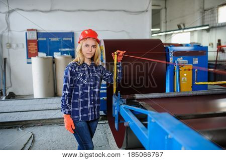 Beautiful Woman In Red Safety Helmet Work As Industrial Worker