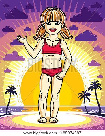 Cute happy little red-haired girl posing on background of sunset landscape with palms and wearing colorful swimming suit. Vector character.