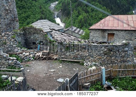 Adishi village traditional buildings in Caucasus mountains Georgia