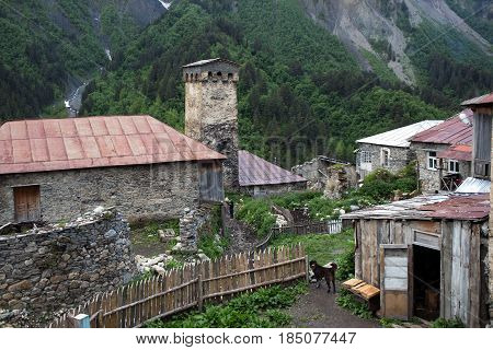 Adishi village buildings in Caucasus mountains Georgia