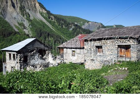 Adishi village traditional buildings in Caucasus mountains Georgia