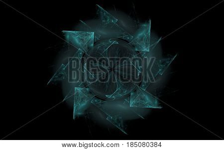 Abstract image of a symbol with a malachite texture in the form of a circle shape with corners around on a background of a blurred fog on a black background.