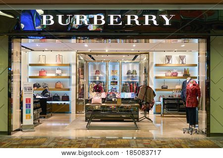 SINGAPORE - CIRCA SEPTEMBER, 2016: Burberry store at Singapore Changi Airport. Burberry Group, Inc., is a British luxury fashion house.