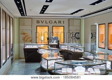 SINGAPORE - CIRCA SEPTEMBER, 2016: Bulgari store at Singapore Changi Airport. Changi Airport is one of the largest transportation hubs in Southeast Asia.
