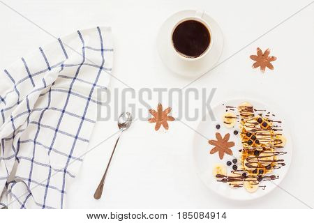 Breakfast With Pate Of Belgian Waffles With Fresh Fruit, Chocolate, Banana, Berry, Blueberries, Cup