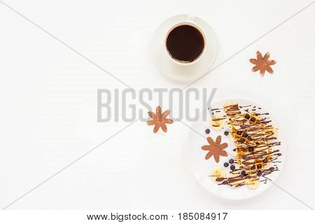 Breakfast With Pate Of Belgian Waffles With Fresh Fruit, Chocolate, Banana, Berry, Blueberries, Cup