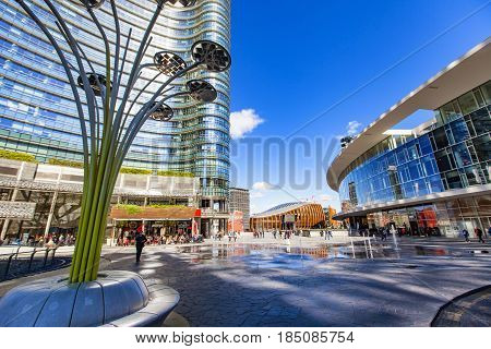MILAN ITALY - APRIL 28 2017: Modern skyscrapers at Porta Nuova in Milan Italy. Porta Nuova is the main business district of Milan.