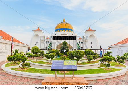 MALACCA, MALAYSIA - AUGUST 12, 2016: Melaka Strait Mosque (Masjid Selat) Malacca Malaysia taken during blue sky