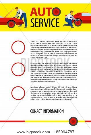 Poster vector template for autoservice, car repair or heavy industry. Two cars and mechanics with wrenches at the bottom. Flat style illustration with title and place for text, size A4.