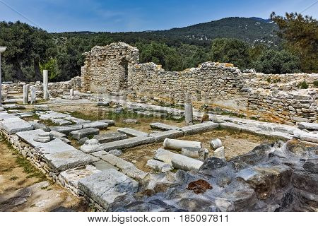 Columns in Ruins of ancient church in Archaeological site of Aliki, Thassos island,  East Macedonia and Thrace, Greece