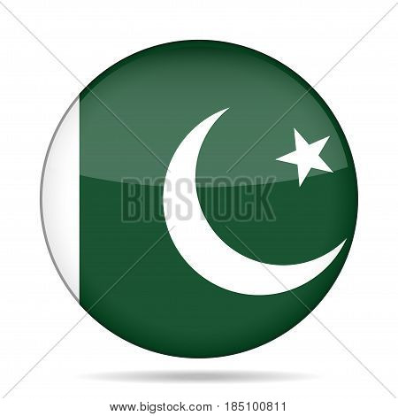 National flag of Pakistan. Shiny round button with shadow.