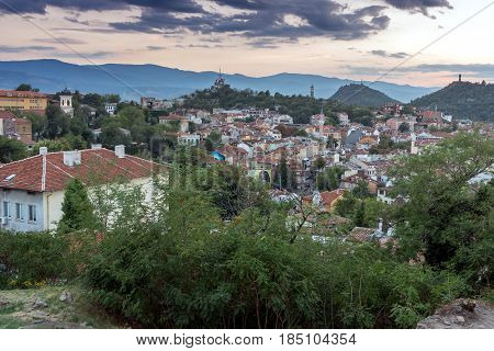 PLOVDIV, BULGARIA - SEPTEMBER 2 2016:  Sunset view of city of Plovdiv from Nebet tepe hill, Bulgaria