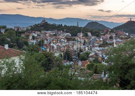 PLOVDIV, BULGARIA - SEPTEMBER 2 2016:  Sunset view of city of Plovdiv from Nebet tepe hill, Bulgaria