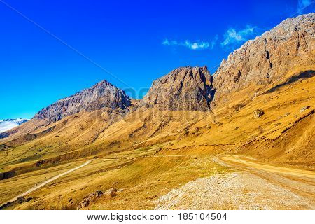 Beautiful Landscape Of Desert With Mountains Russia, Republic Ingushetia