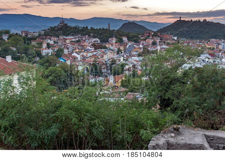 PLOVDIV, BULGARIA - SEPTEMBER 2 2016:  Sunset view of city of Plovdiv from Nebet tepe hill, Bulgaria